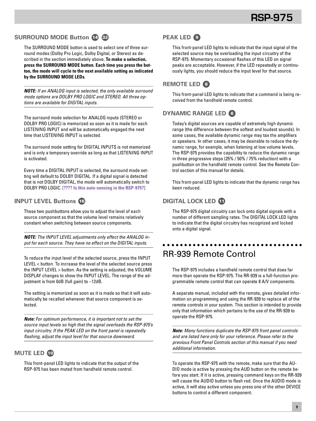 Rotel RSP-975 owner manual RR-939 Remote Control, Surround Mode Button 14, Input Level Buttons 