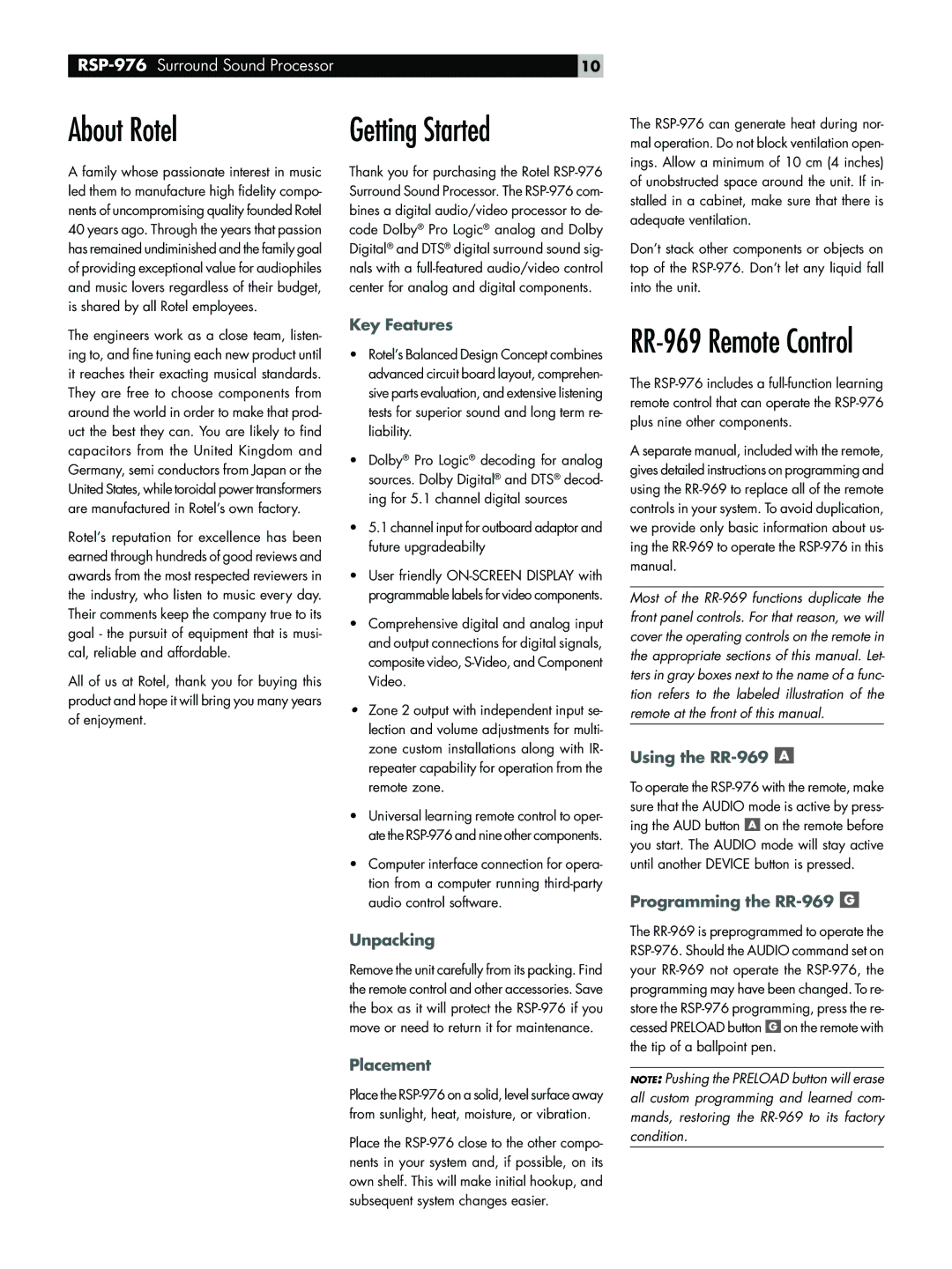 Rotel RSP-976 owner manual Key Features, Unpacking, Placement, Using the RR-969, Programming the RR-969 