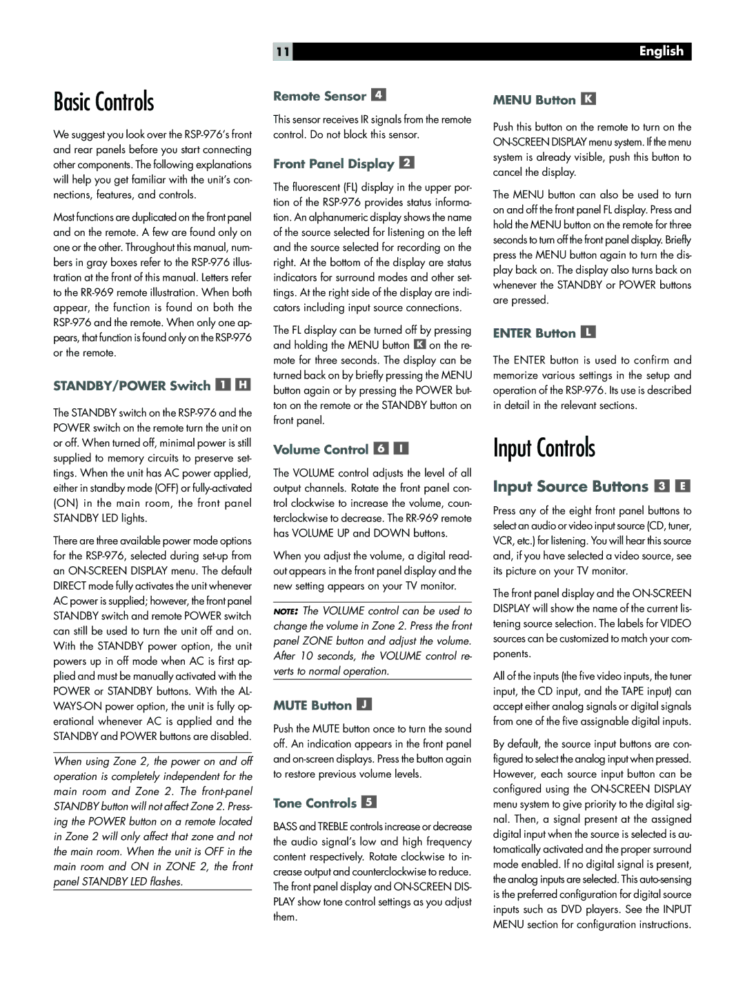 Rotel RSP-976 owner manual Basic Controls, Input Controls 