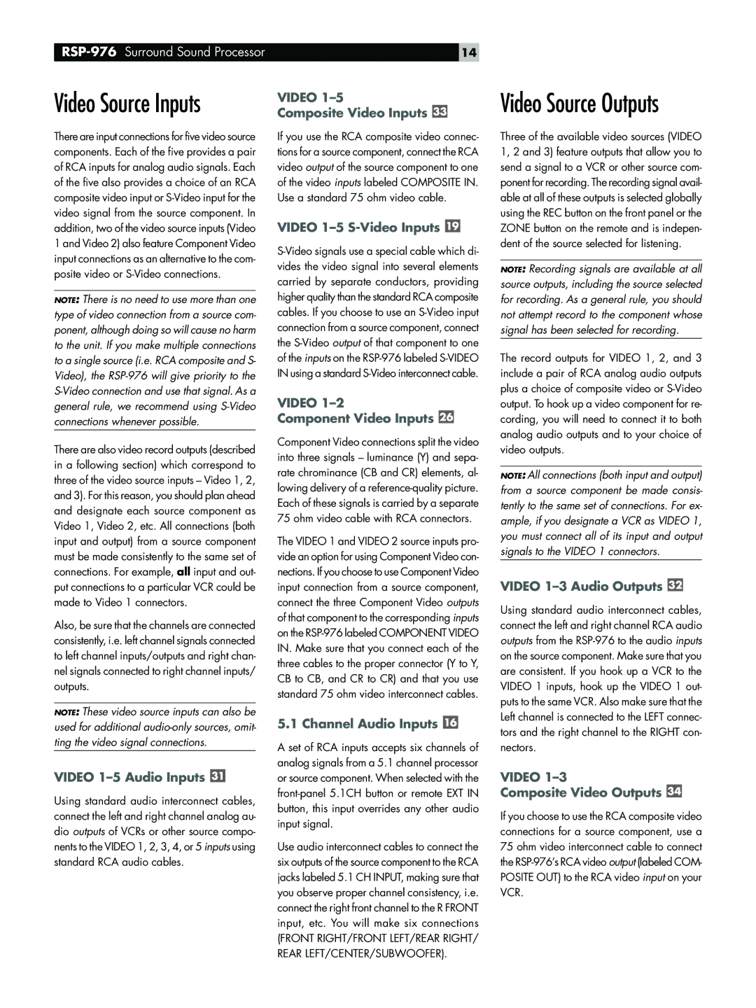 Rotel RSP-976 owner manual Video Source Outputs 