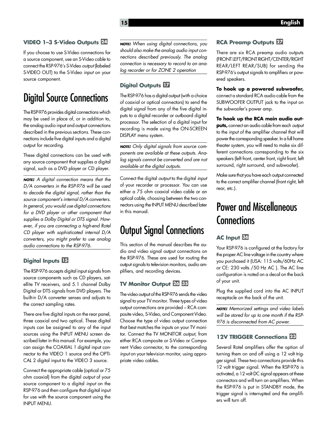 Rotel RSP-976 Video 1-3 S-Video Outputs, Digital Inputs, Digital Outputs, TV Monitor Output, RCA Preamp Outputs, AC Input 