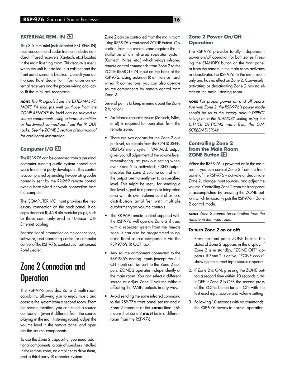Rotel RSP-976 owner manual Computer I/O, Zone 2 Power On/Off Operation, Controlling Zone 2 from the Main Room Zone Button 