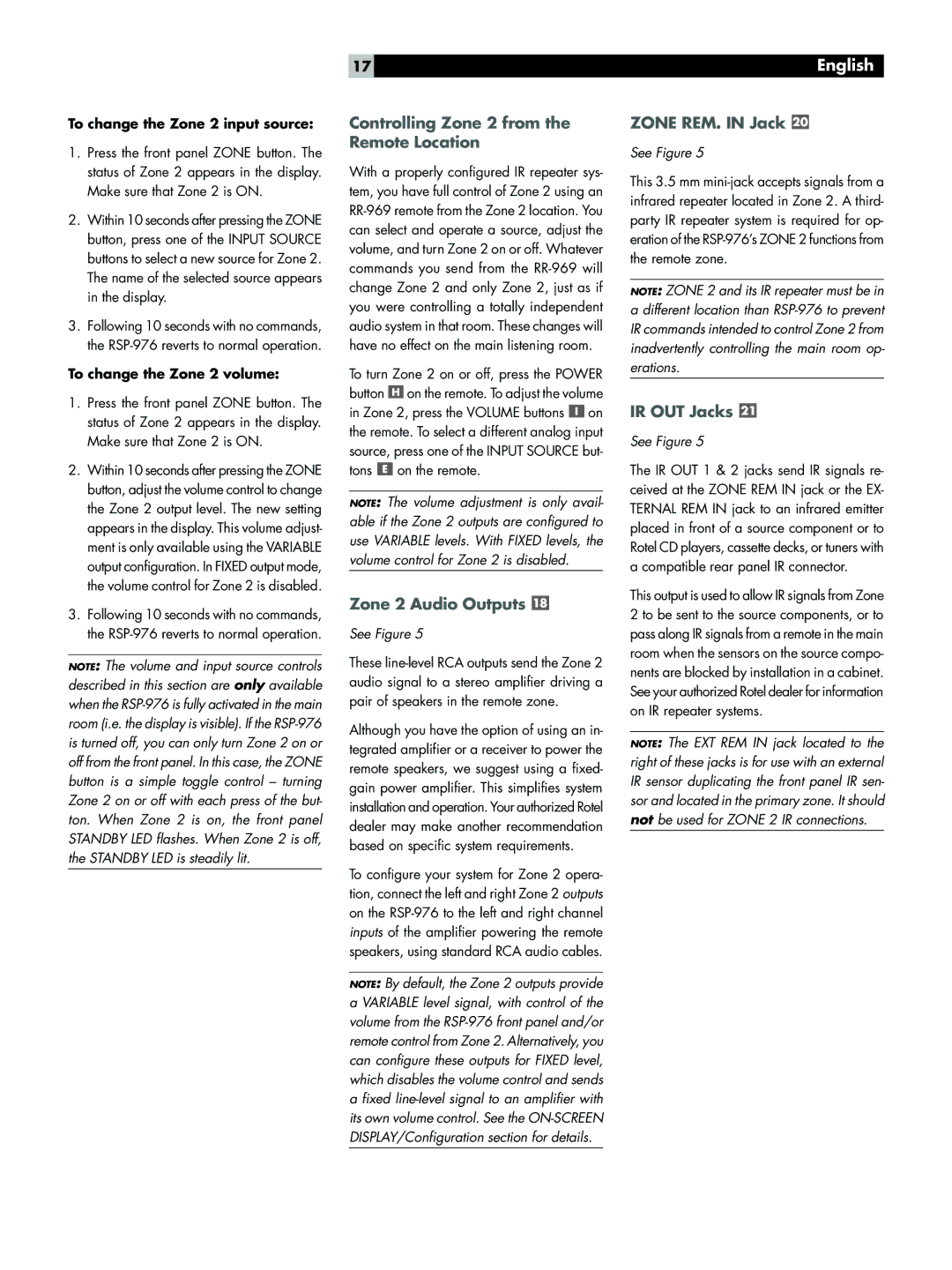 Rotel RSP-976 Controlling Zone 2 from the Remote Location, Zone 2 Audio Outputs, Zone REM. in Jack, IR OUT Jacks 