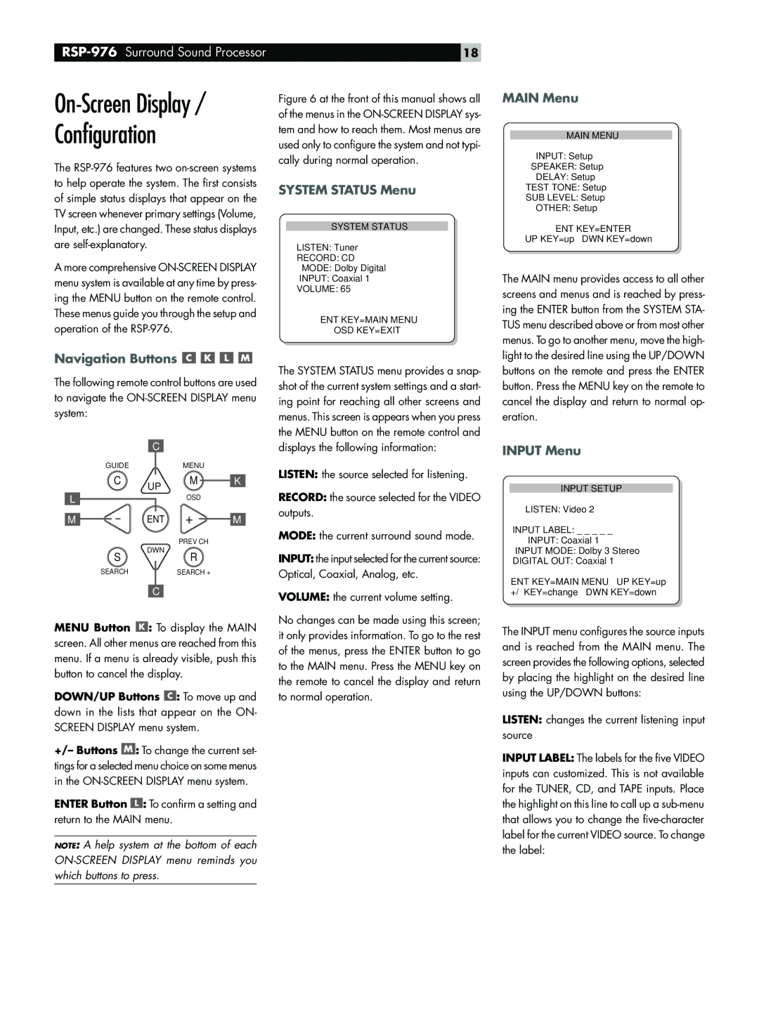 Rotel RSP-976 owner manual Configuration, System Status Menu, Main Menu, Navigation Buttons, Input Menu 