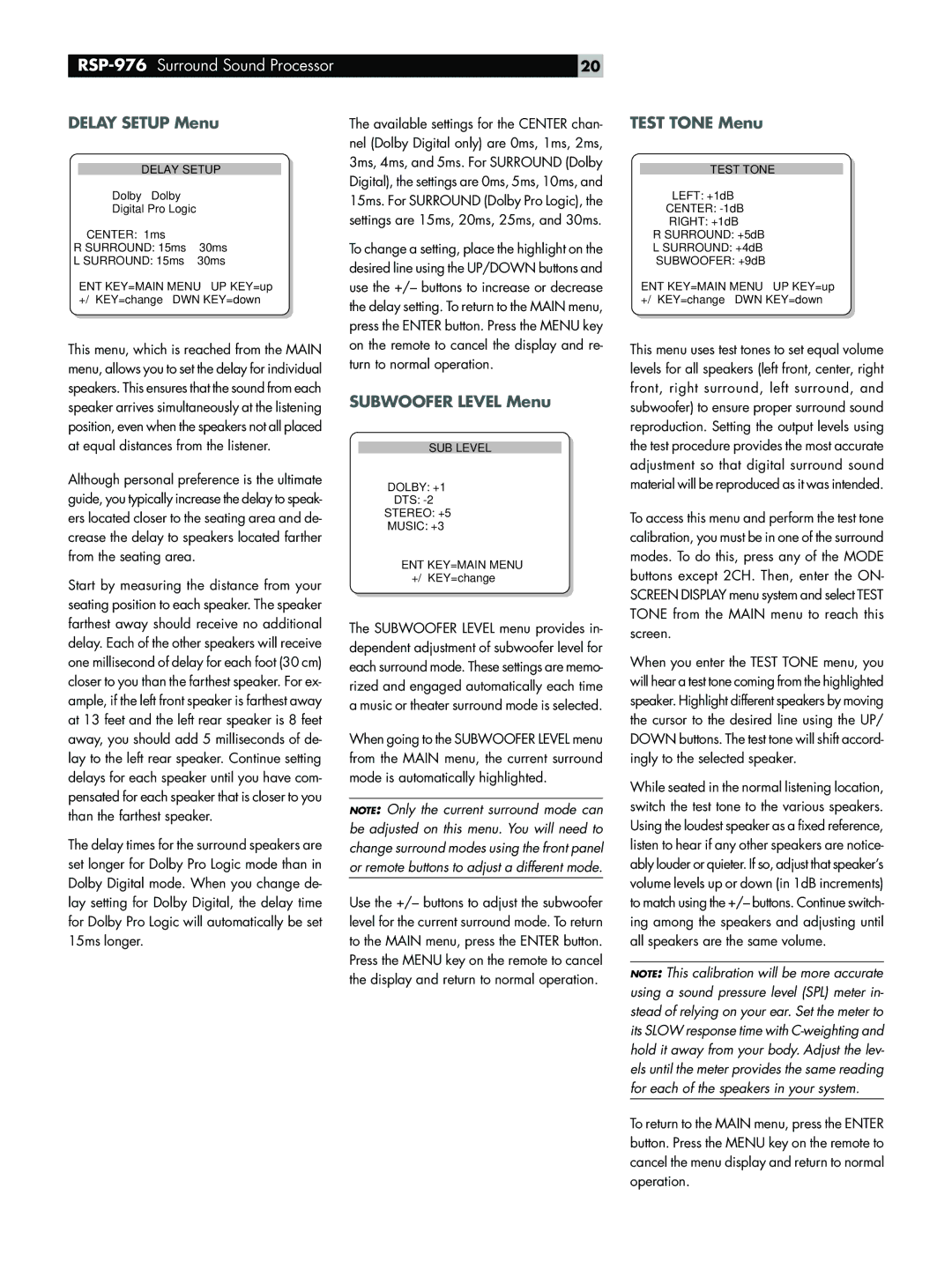 Rotel RSP-976 owner manual Delay Setup Menu, Subwoofer Level Menu, Test Tone Menu 