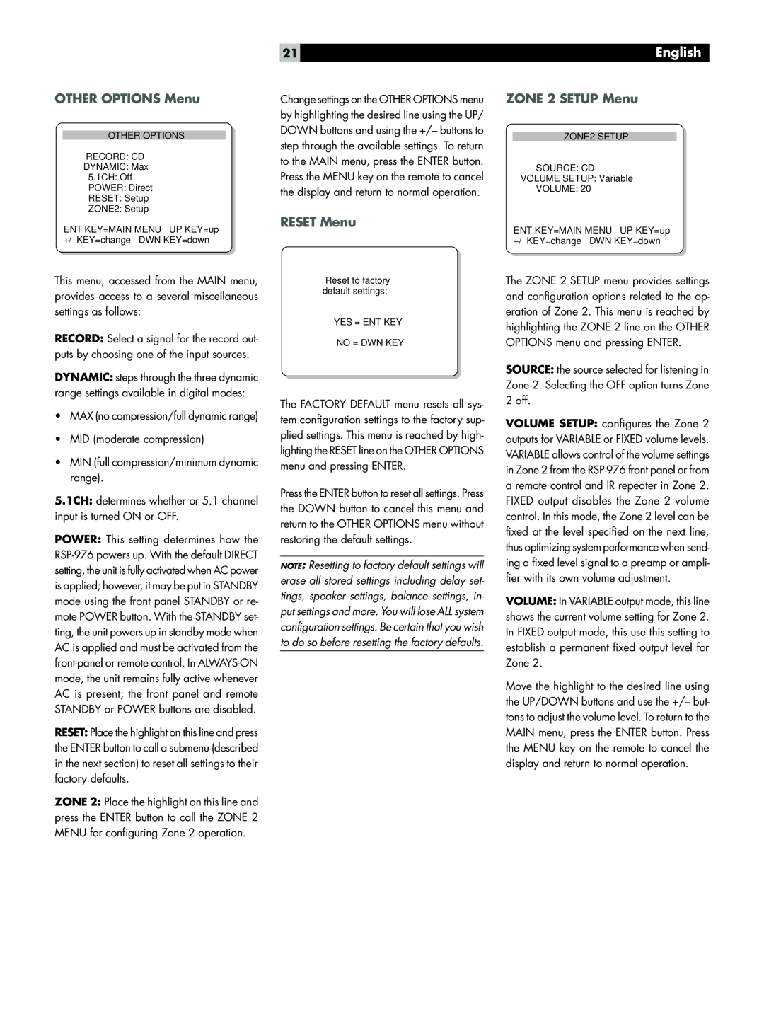 Rotel RSP-976 owner manual Other Options Menu, Zone 2 Setup Menu, Reset Menu 