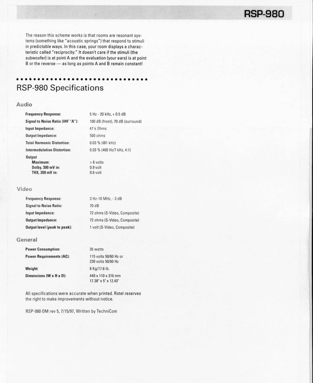 Rotel RSP980, RSP-980 manual 