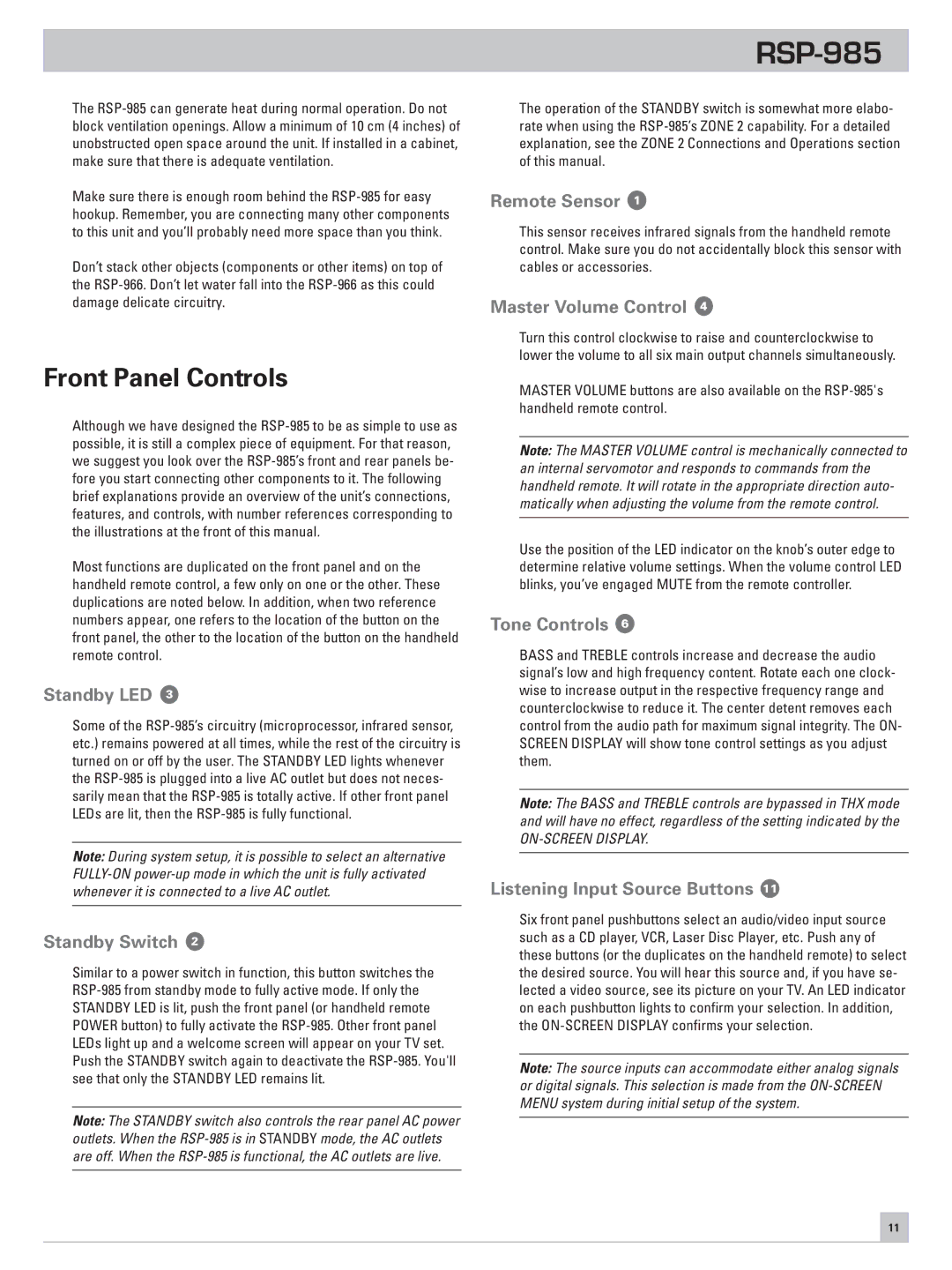 Rotel RSP-985 owner manual Front Panel Controls 