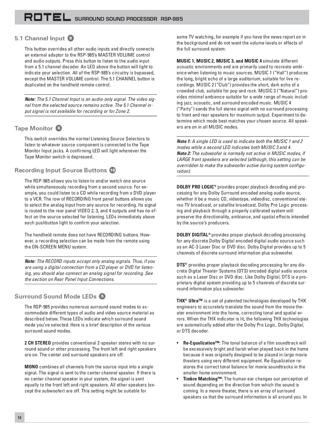Rotel RSP-985 owner manual Channel Input, Tape Monitor, Recording Input Source Buttons, Surround Sound Mode LEDs 