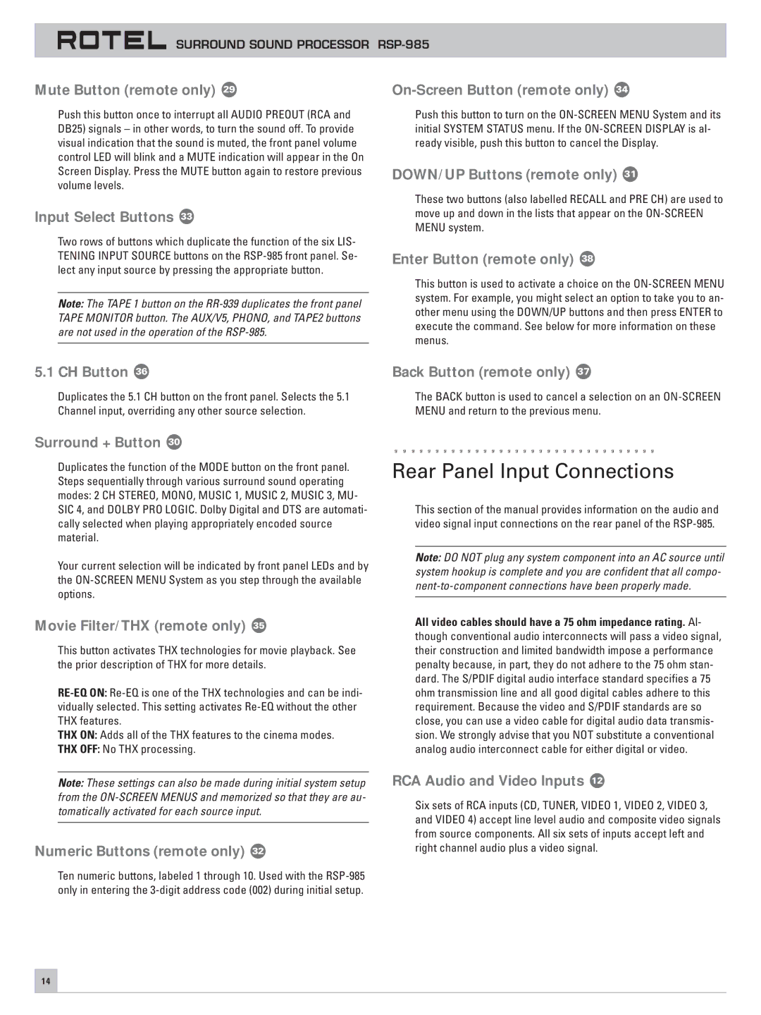 Rotel RSP-985 owner manual Rear Panel Input Connections 