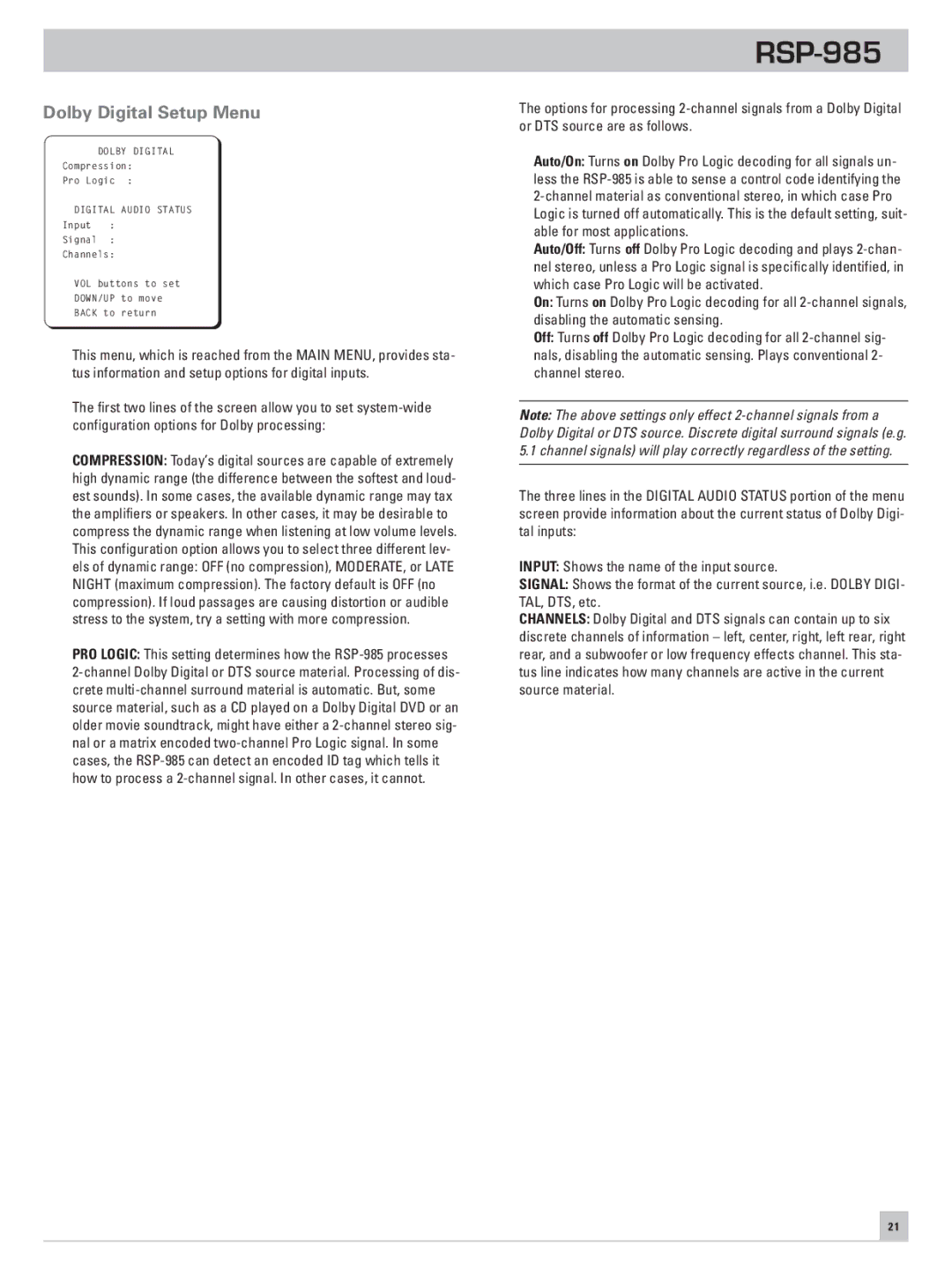 Rotel owner manual Dolby Digital Setup Menu, PRO Logic This setting determines how the RSP-985 processes 