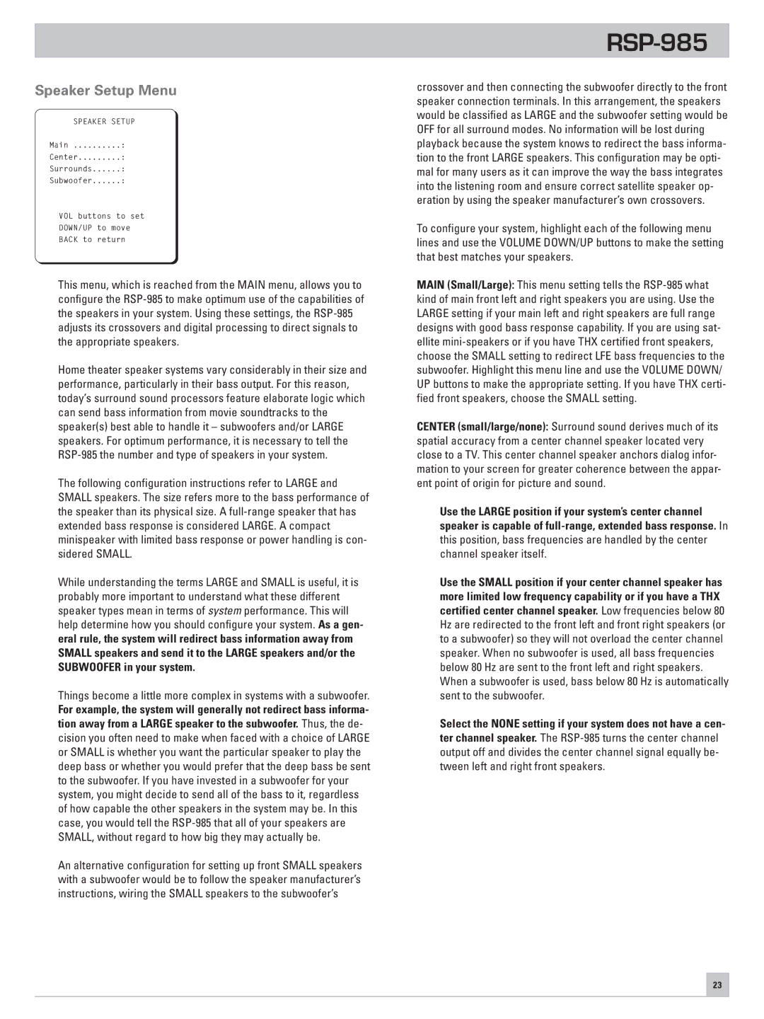 Rotel RSP-985 owner manual Speaker Setup Menu 