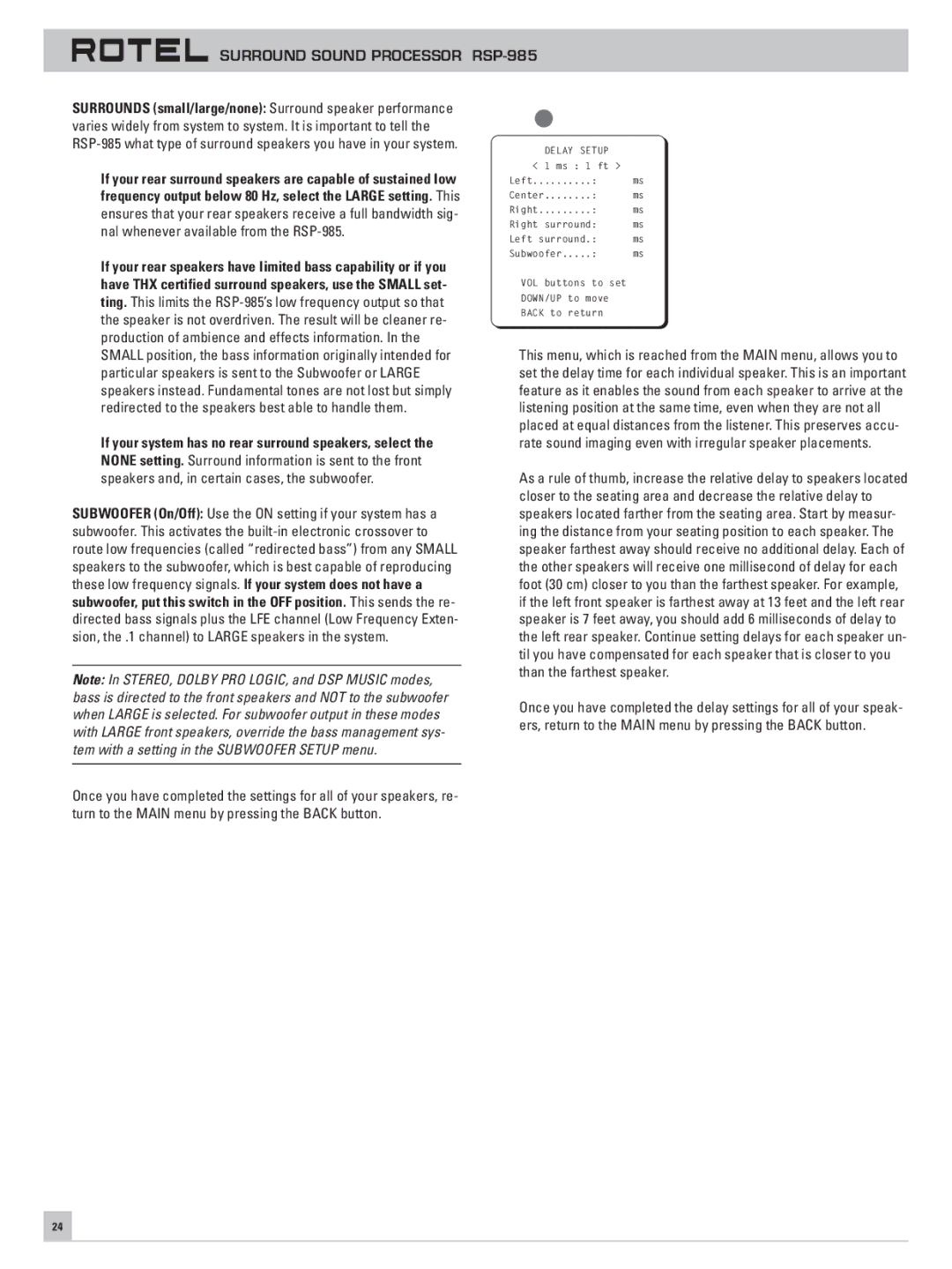 Rotel RSP-985 owner manual Delay Setup Menu, If your system has no rear surround speakers, select 