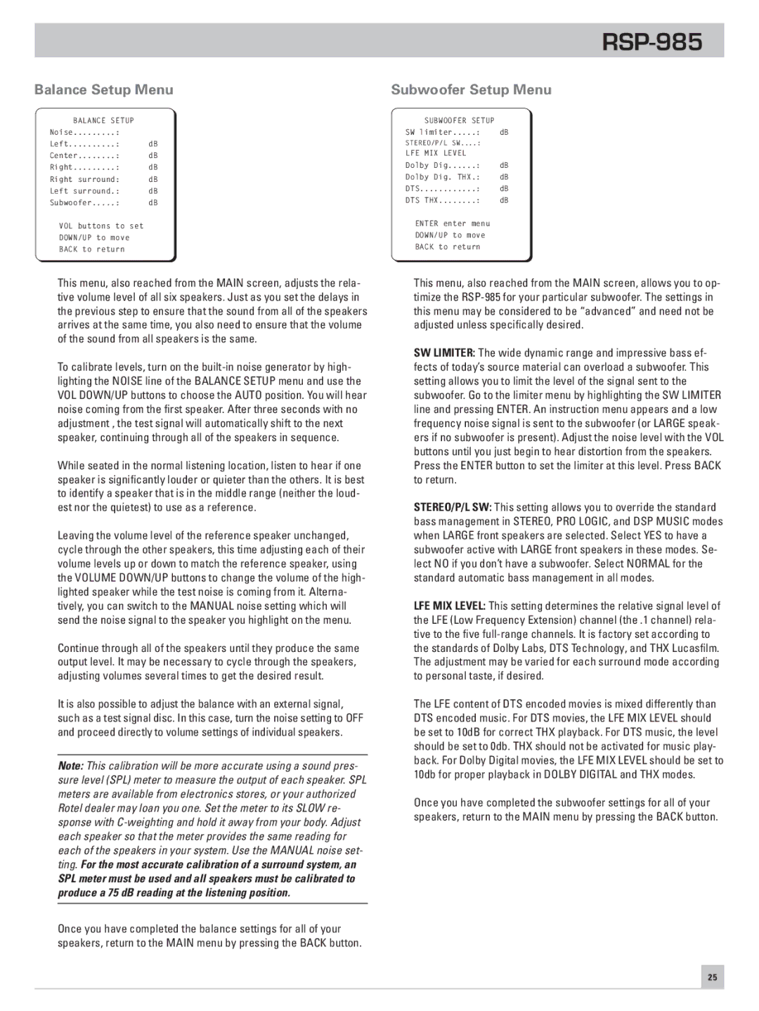 Rotel RSP-985 owner manual Balance Setup Menu, Subwoofer Setup Menu 