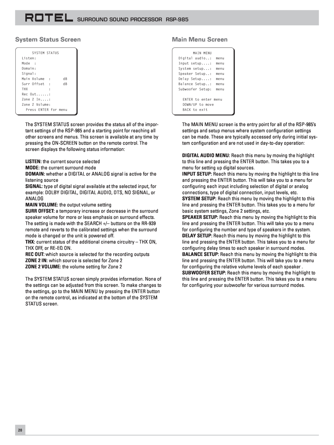 Rotel RSP-985 owner manual System Status Screen, Main Menu Screen 