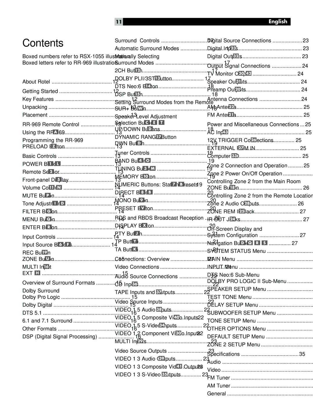 Rotel RSX-1055 owner manual Contents 