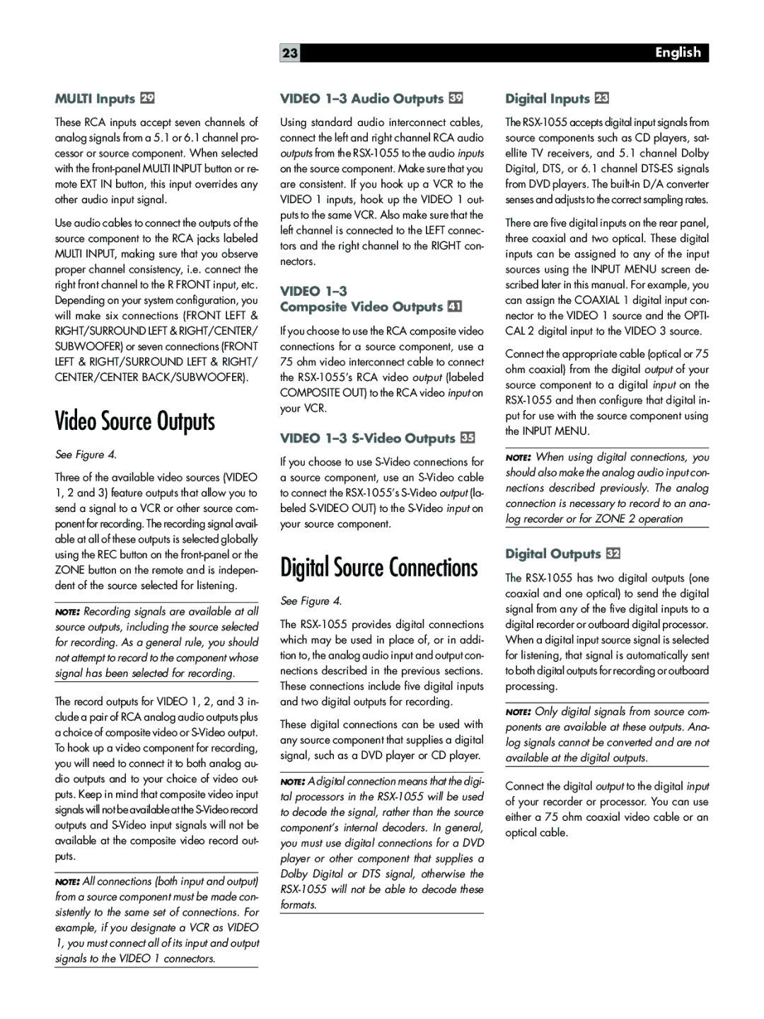 Rotel RSX-1055 Multi Inputs, Video 1-3 Audio Outputs, Composite Video Outputs, Video 1-3 S-Video Outputs, Digital Inputs 