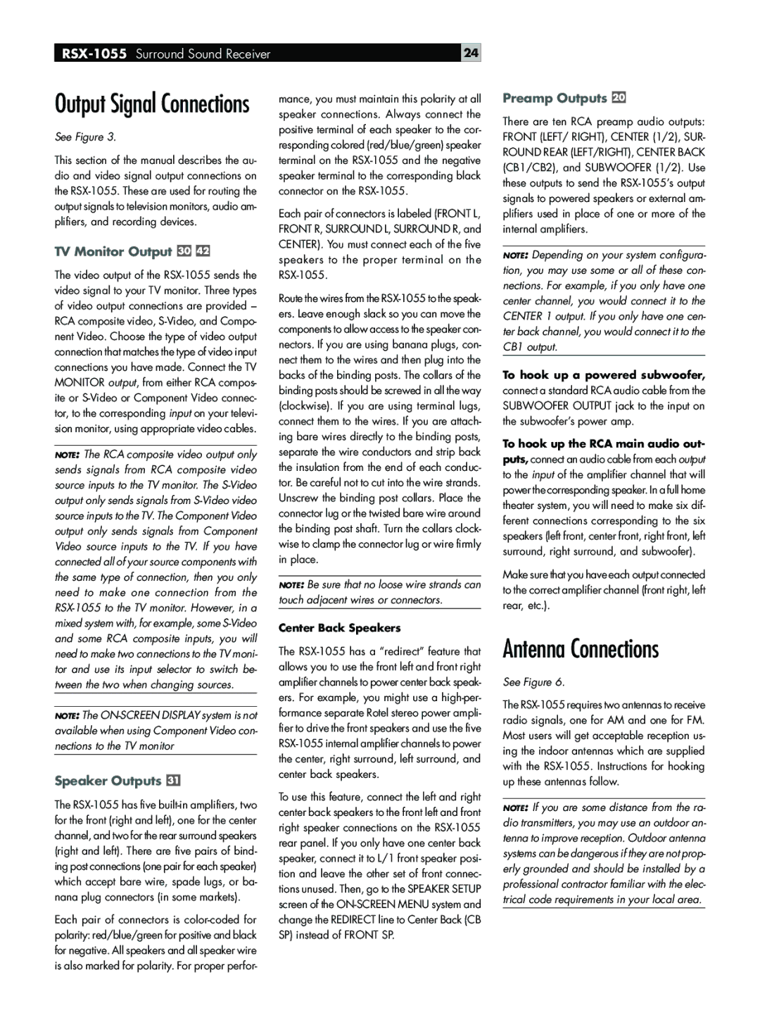 Rotel RSX-1055 owner manual Antenna Connections, TV Monitor Output, Speaker Outputs, Preamp Outputs 