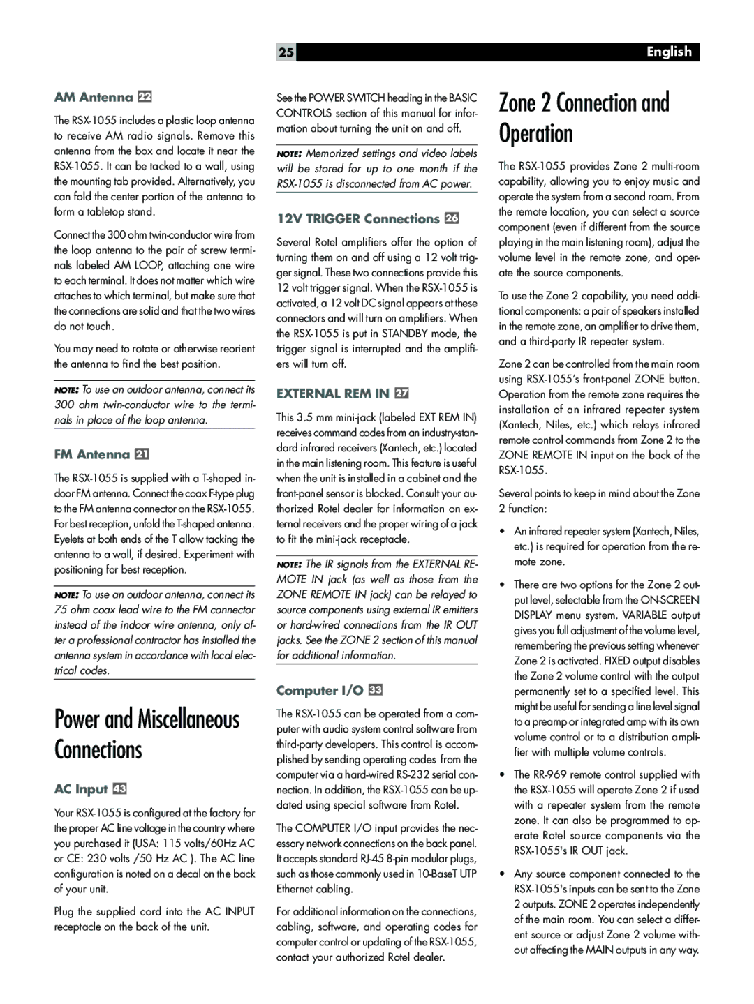 Rotel RSX-1055 owner manual AM Antenna, FM Antenna, AC Input, 12V Trigger Connections, Computer I/O 