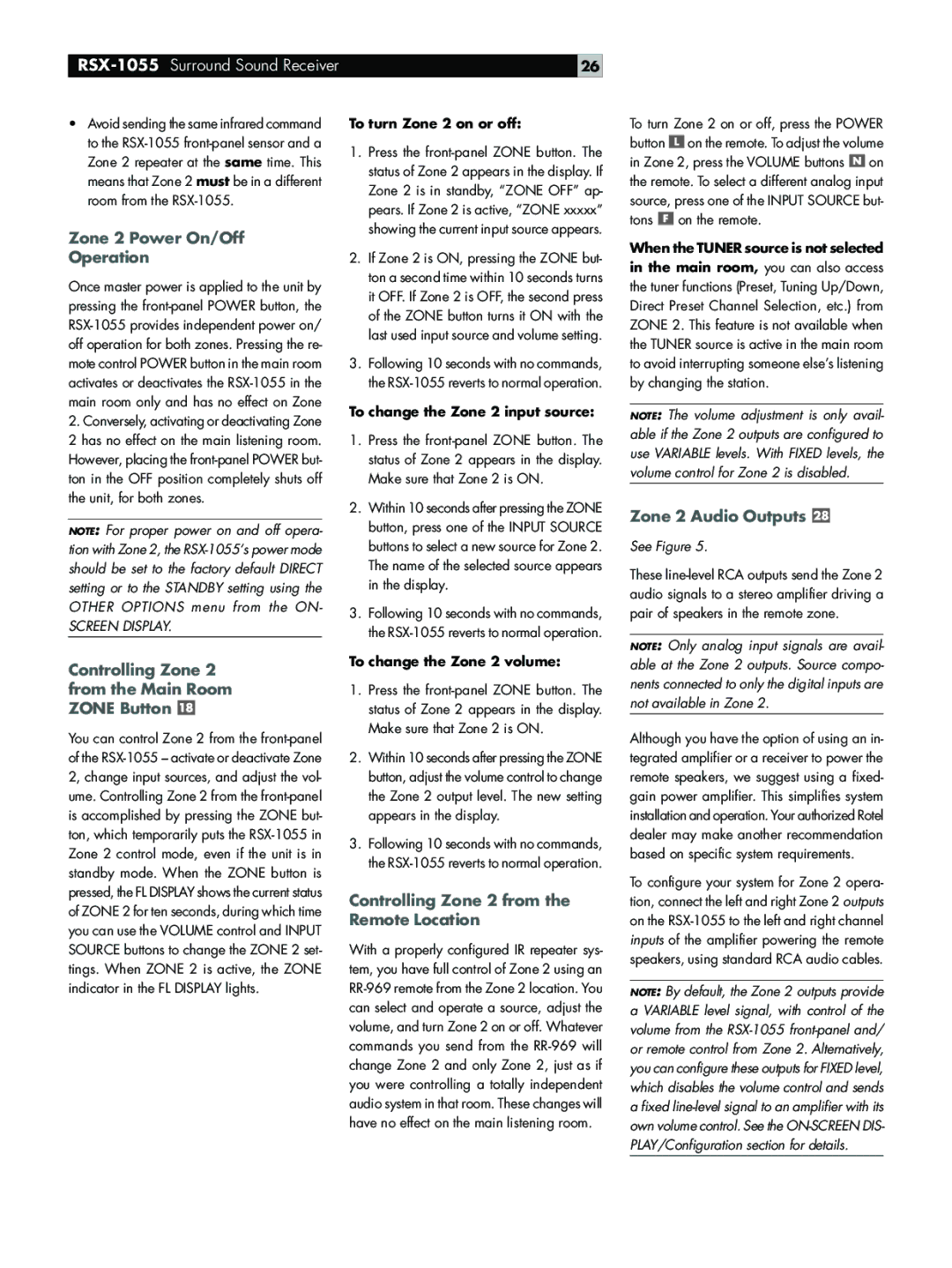 Rotel RSX-1055 Zone 2 Power On/Off Operation, Controlling Zone 2 from the Main Room Zone Button, Zone 2 Audio Outputs 