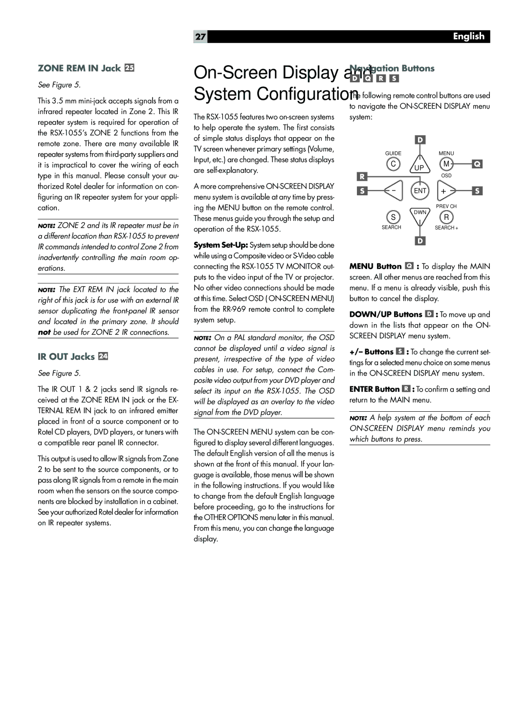 Rotel RSX-1055 owner manual Zone REM in Jack, IR OUT Jacks, Navigation Buttons, DOWN/UP Buttons To move up 