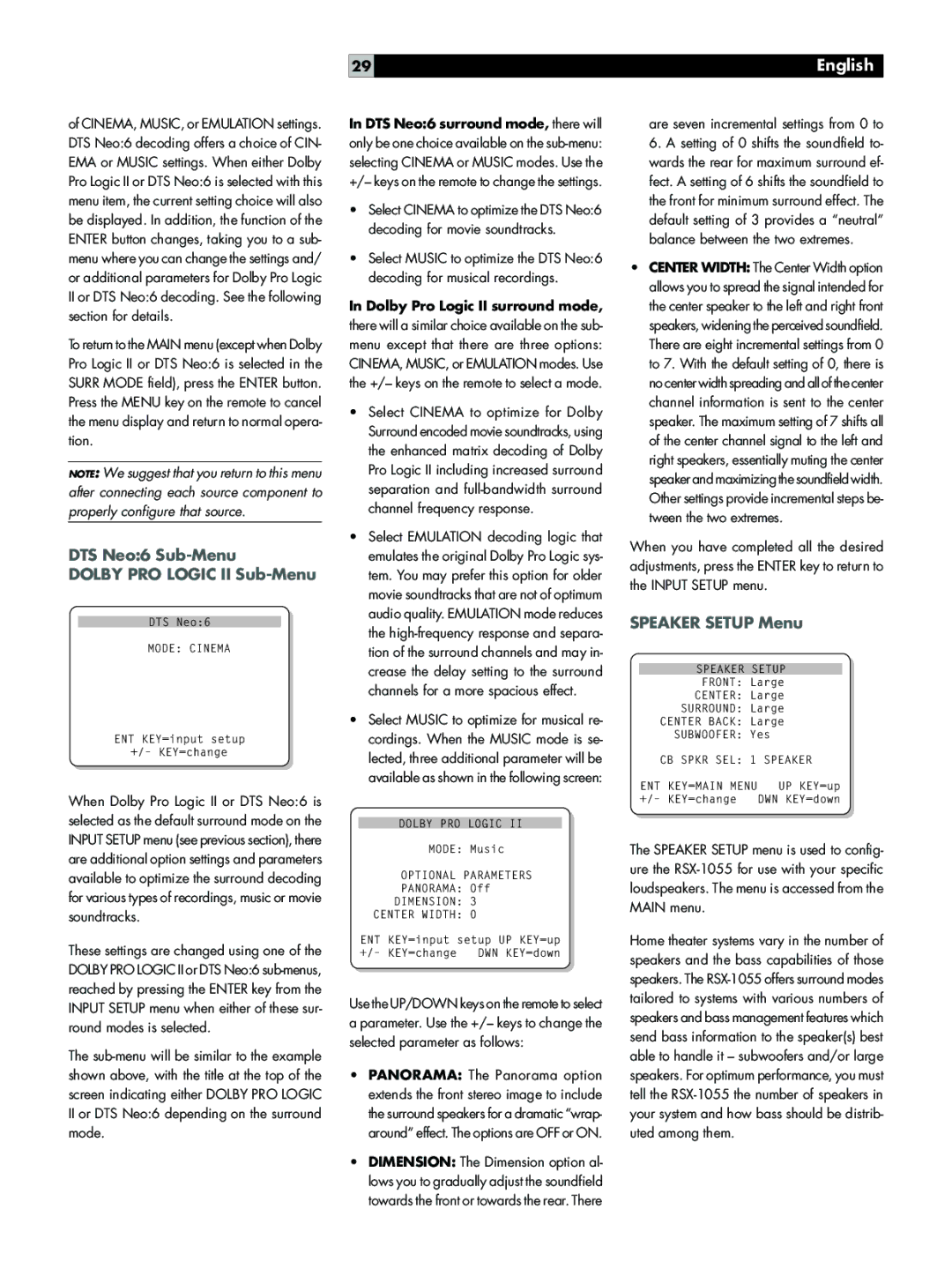 Rotel RSX-1055 DTS Neo6 Sub-Menu Dolby PRO Logic II Sub-Menu, Speaker Setup Menu, Dolby Pro Logic II surround mode 