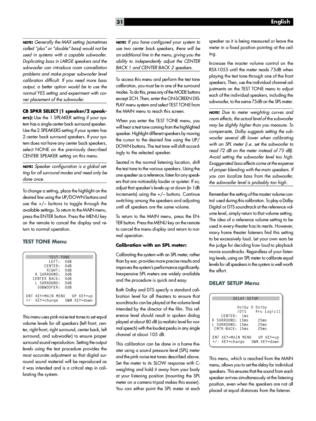Rotel RSX-1055 Test Tone Menu, Delay Setup Menu, CB Spkr Select 1 speaker/2 speak, Calibration with an SPL meter 