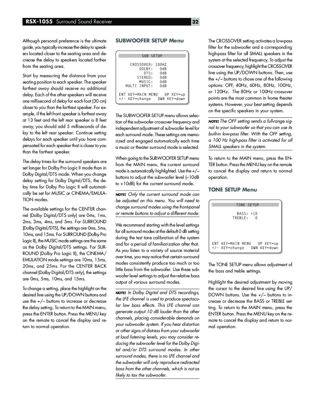 Rotel RSX-1055 owner manual Subwoofer Setup Menu, Tone Setup Menu 