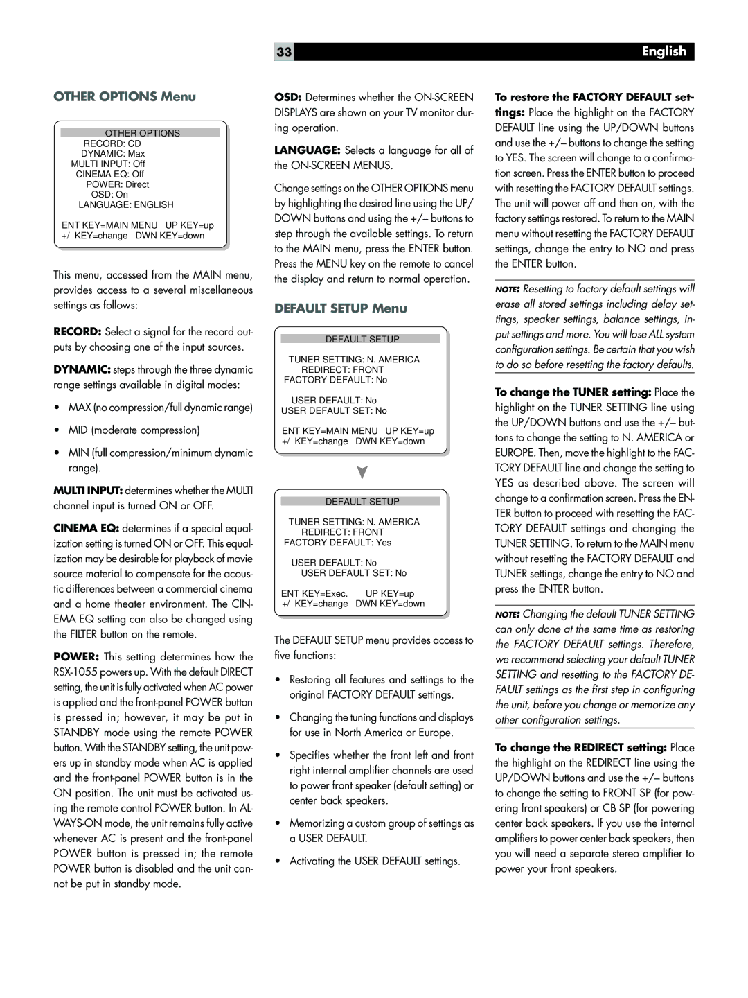 Rotel RSX-1055 owner manual Other Options Menu, Default Setup Menu, To restore the Factory Default set 