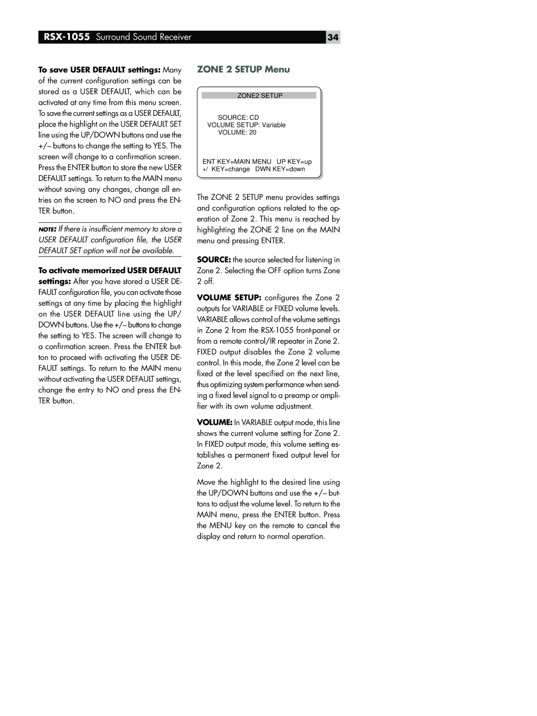 Rotel RSX-1055 owner manual Zone 2 Setup Menu, To activate memorized User Default 