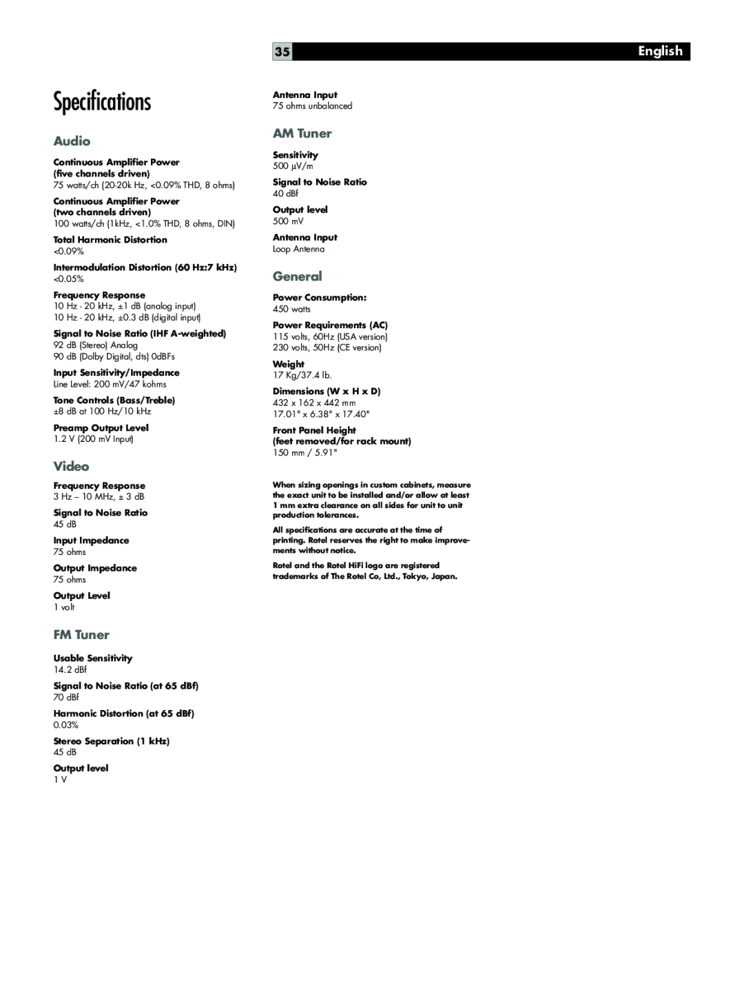 Rotel RSX-1055 owner manual Specifications 