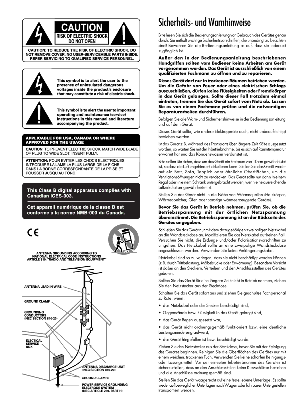 Rotel RSX-1055 manual Sicherheits- und Warnhinweise 