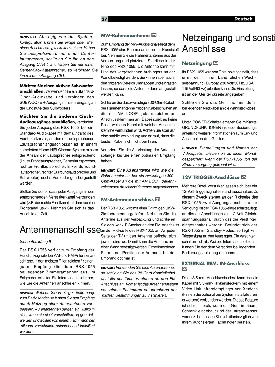 Rotel RSX-1055 MW-Rahmenantenne, FM-Antennenanschluss, Netzeingang, 12V TRIGGER-Anschlüsse, External REM. IN-Anschluss 