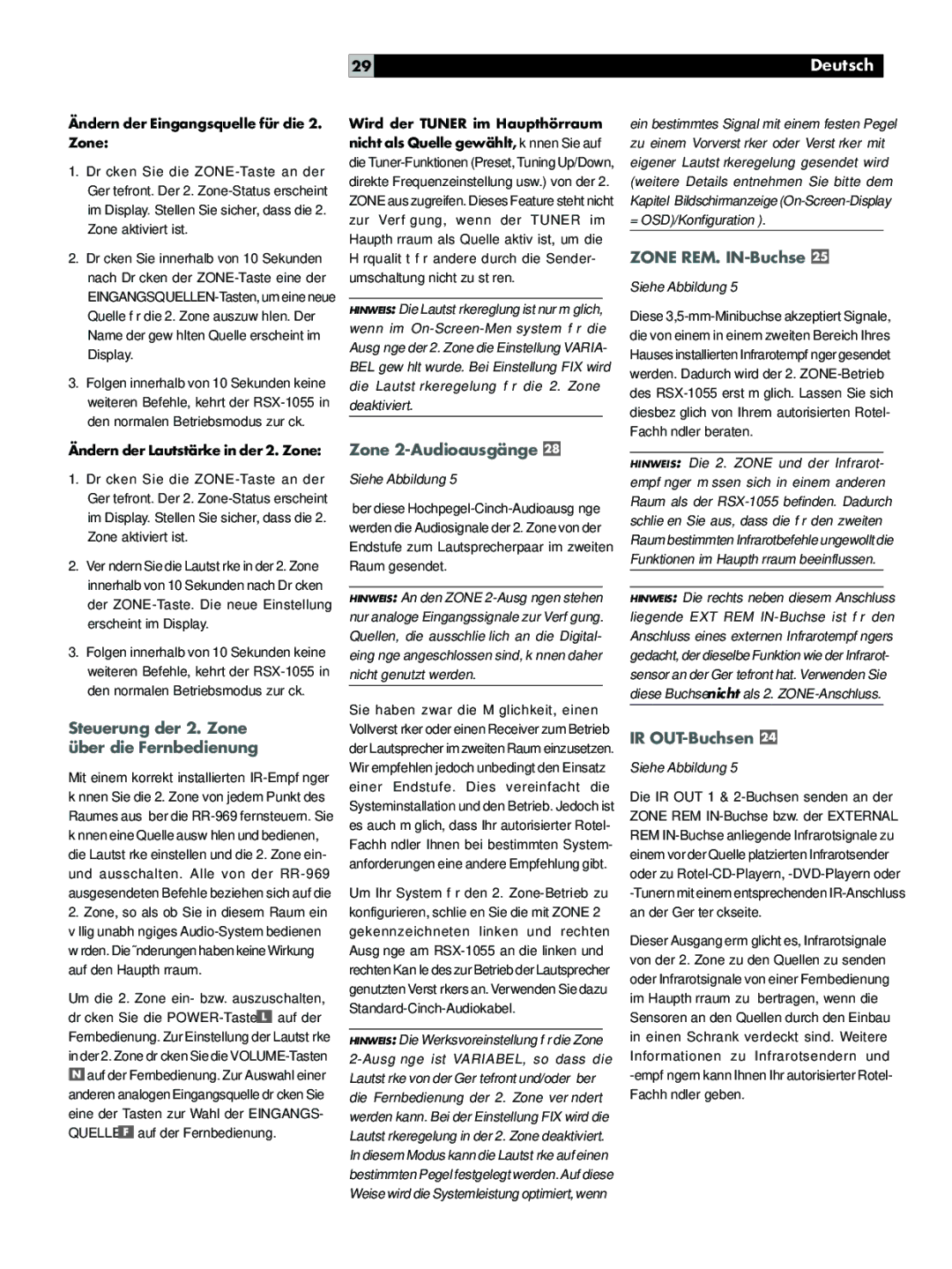 Rotel RSX-1055 Steuerung der 2. Zone über die Fernbedienung, Zone 2-Audioausgänge, Zone REM. IN-Buchse, IR OUT-Buchsen 