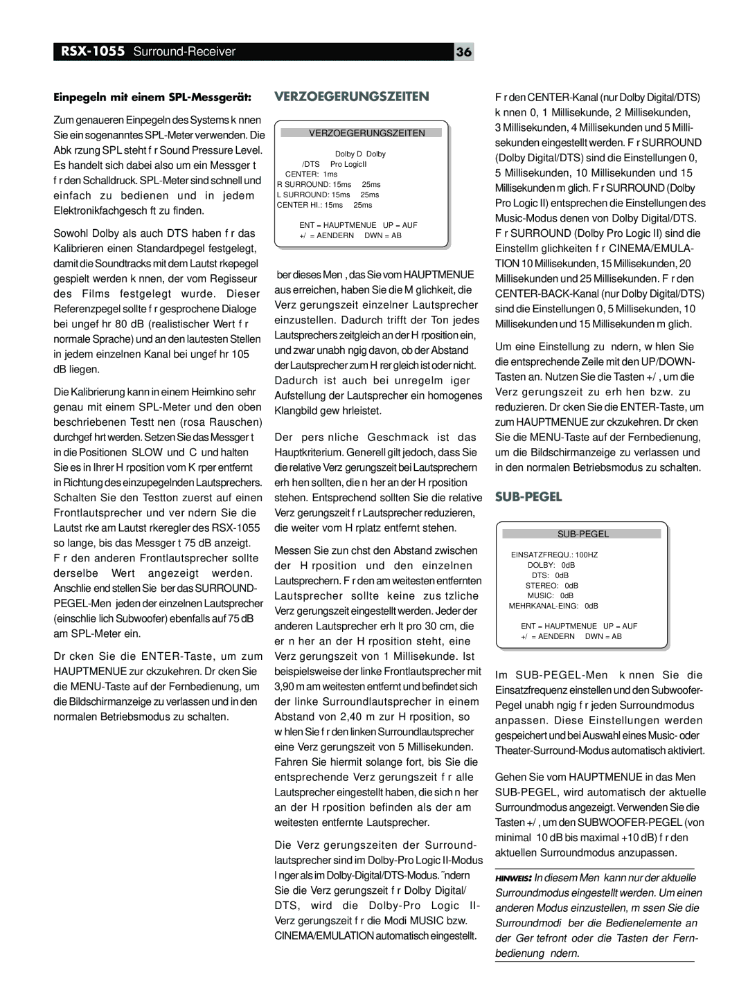 Rotel RSX-1055 manual Verzoegerungszeiten, Sub-Pegel, Einpegeln mit einem SPL-Messgerät 