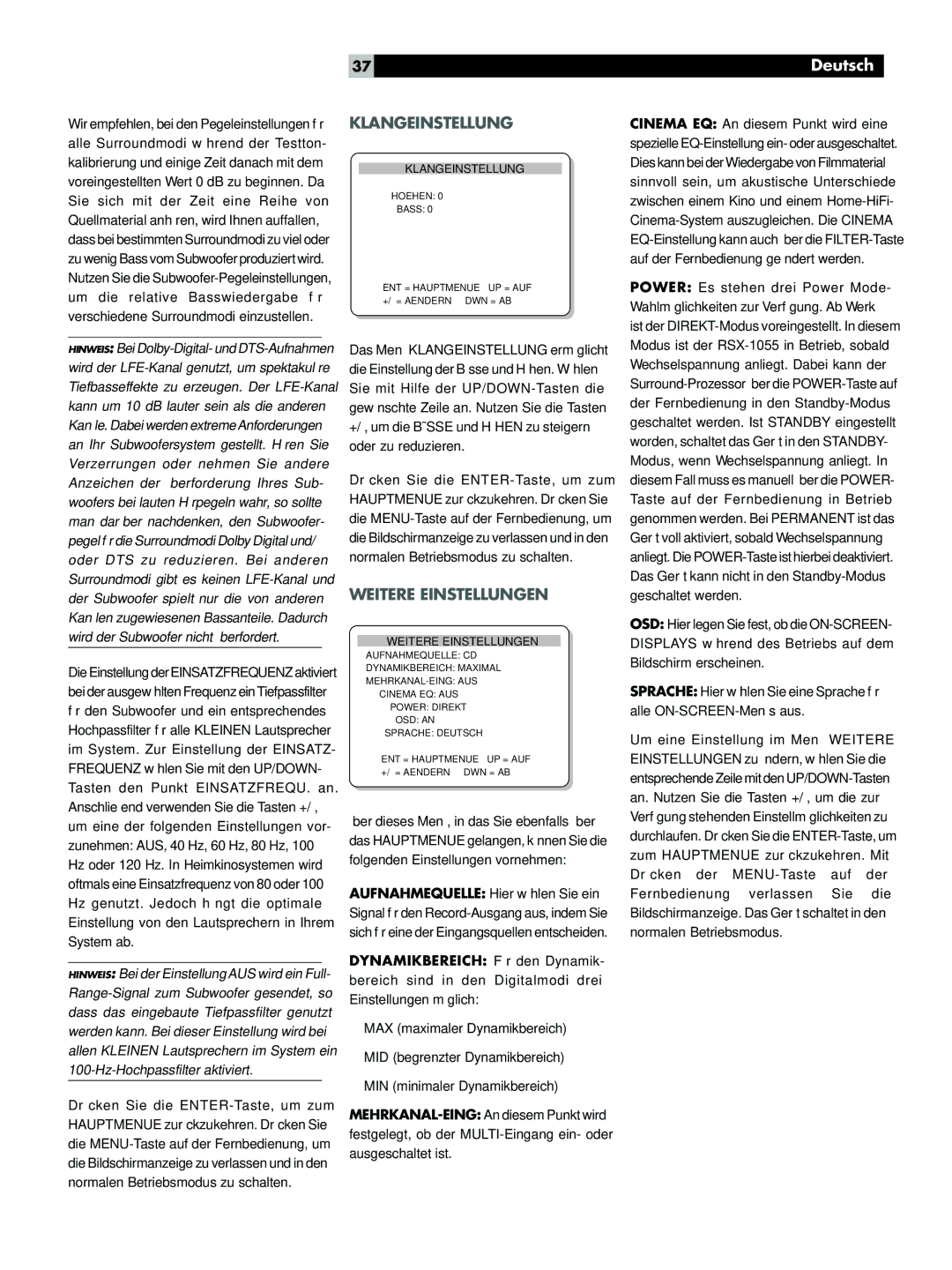 Rotel RSX-1055 manual Klangeinstellung, Weitere Einstellungen 