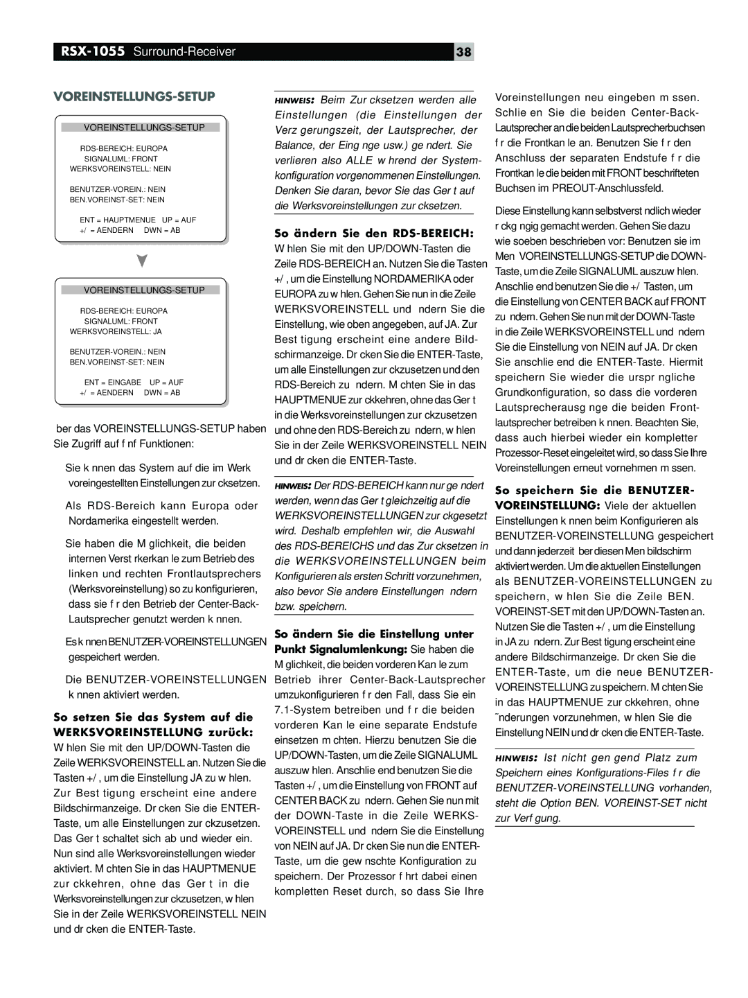 Rotel RSX-1055 Voreinstellungs-Setup, Die BENUTZER-VOREINSTELLUNGEN können aktiviert werden, So ändern Sie den RDS-BEREICH 