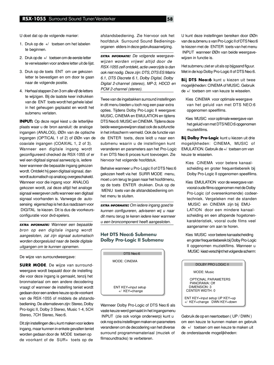 Rotel RSX-1055 manual Het DTS Neo6 Submenu Dolby Pro-Logic II Submenu, Mode Cinema, Optional Parameters 