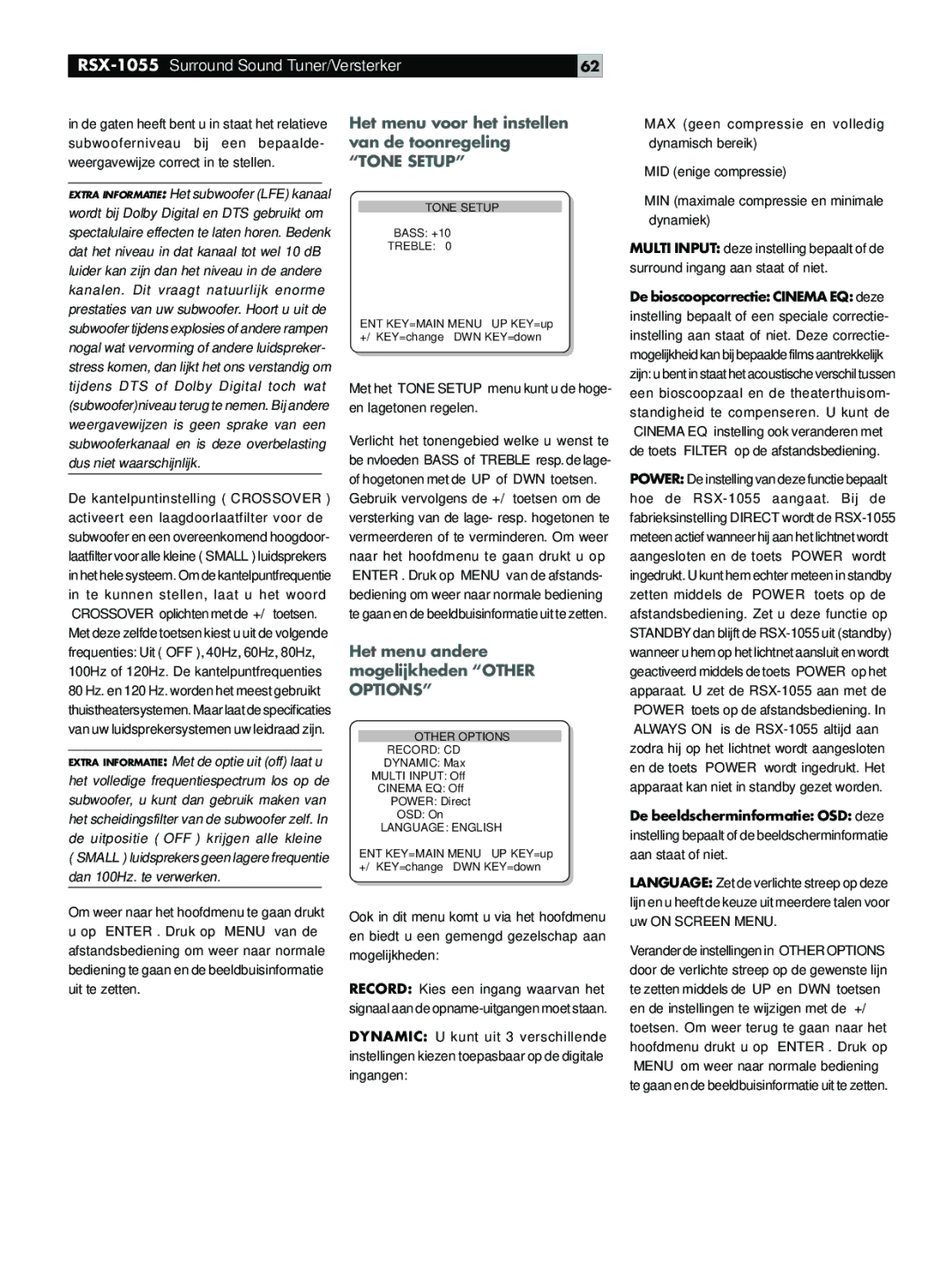 Rotel RSX-1055 Het menu voor het instellen, Van de toonregeling, Tone Setup, Het menu andere mogelijkheden Other Options 