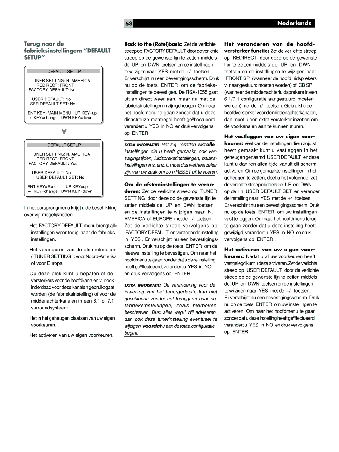 Rotel RSX-1055 manual Terug naar de fabrieksinstellingen Default Setup, Om de afsteminstellingen te veran 