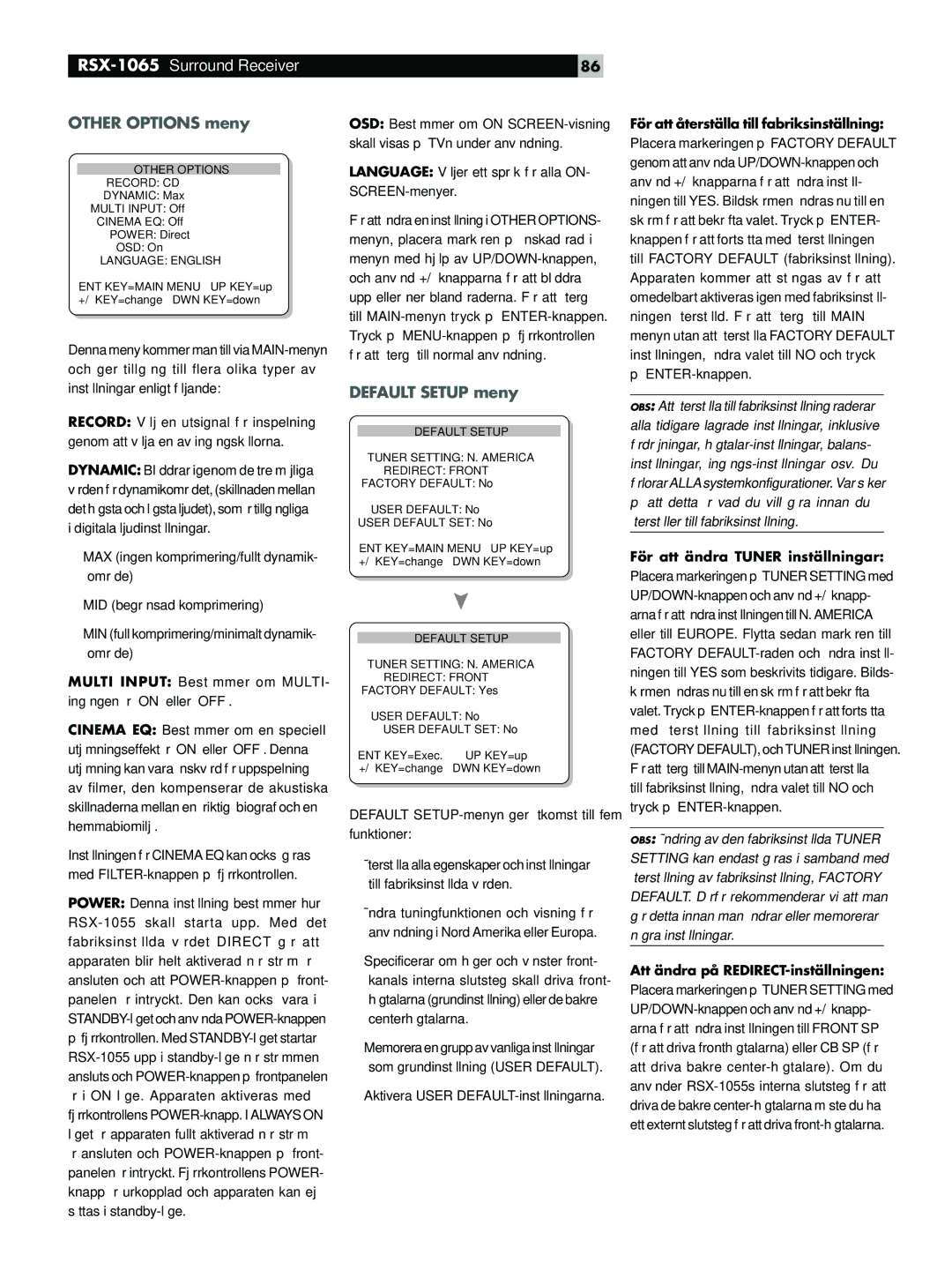 Rotel RSX-1055 manual Other Options meny, Default Setup meny, För att återställa till fabriksinställning 