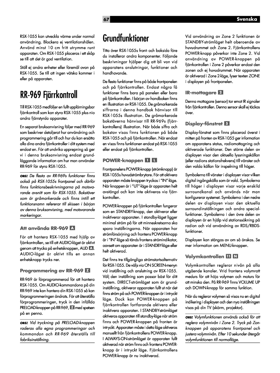 Rotel RSX-1055 Grundfunktioner, RR-969Fjärrkontroll, Att använda RR-969, Programmering av RR-969, POWER-knappen, Svenska 