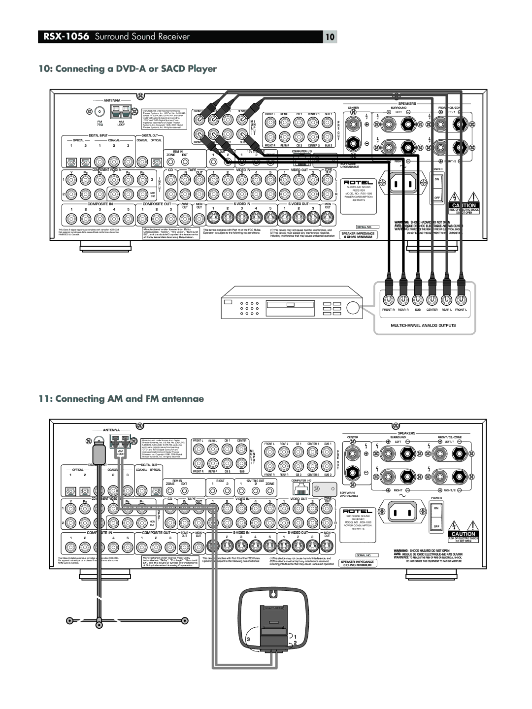 Rotel RSX-1056 owner manual Connecting a DVD-A or Sacd Player, Connecting AM and FM antennae 