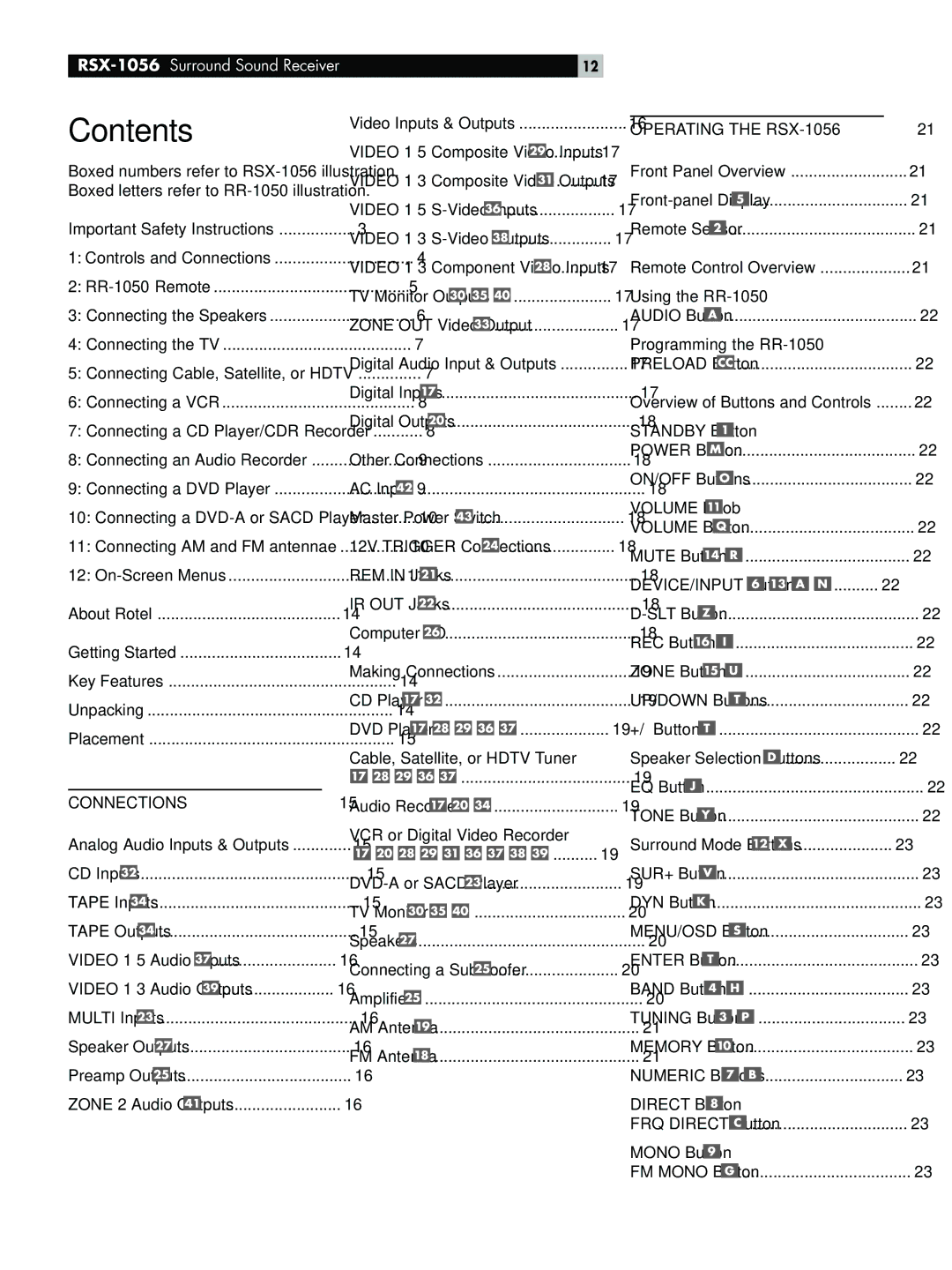 Rotel RSX-1056 owner manual Contents 