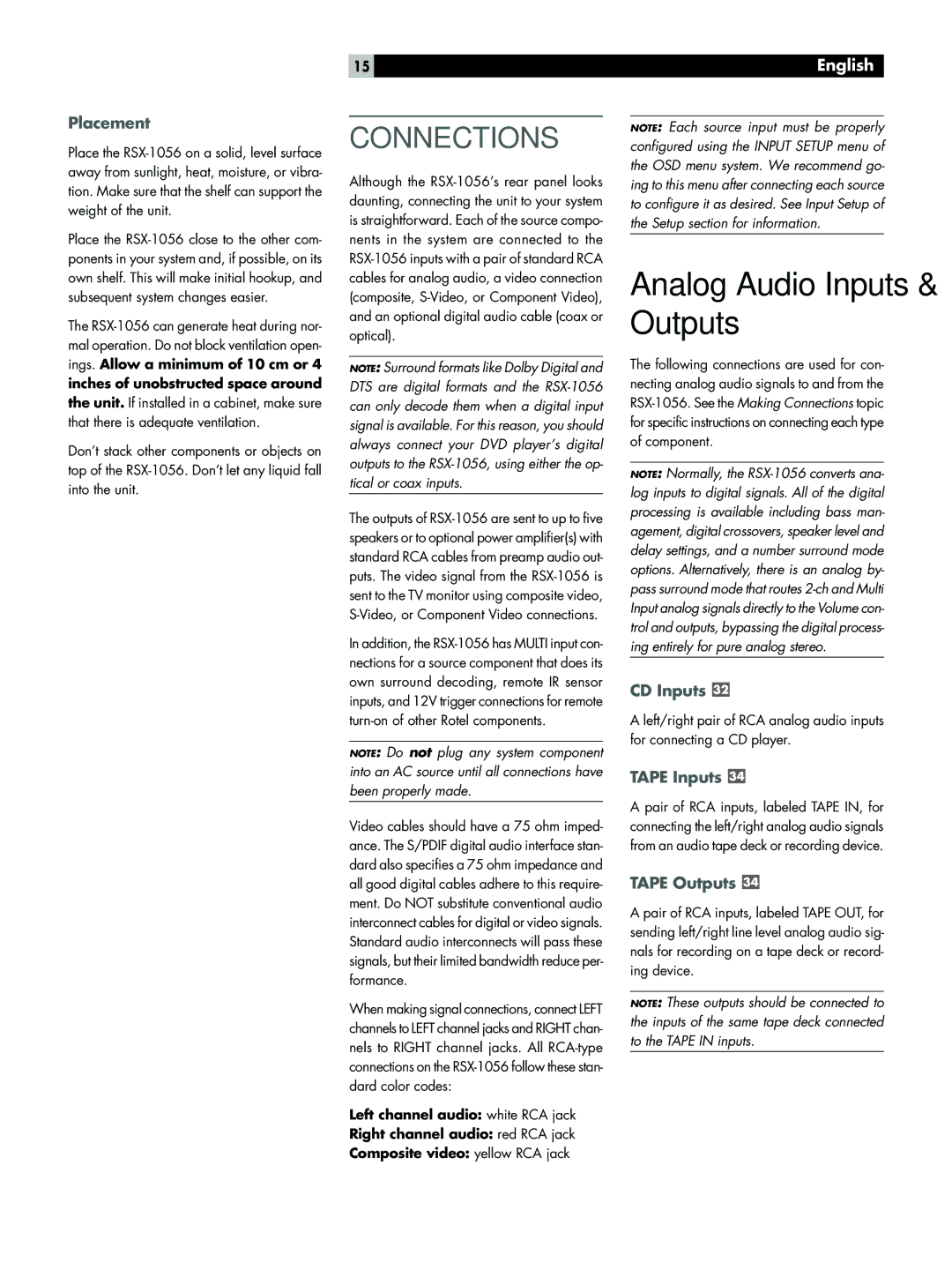 Rotel RSX-1056 owner manual Placement, CD Inputs, Tape Inputs, Tape Outputs, Inches of unobstructed space around 