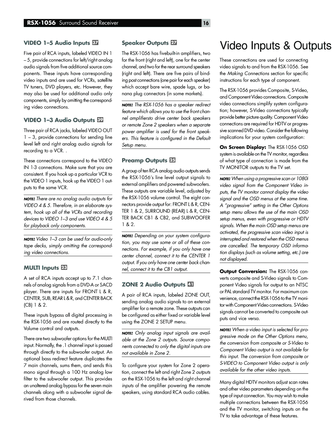 Rotel RSX-1056 owner manual Video 1-5 Audio Inputs, Video 1-3 Audio Outputs, Speaker Outputs, Multi Inputs, Preamp Outputs 