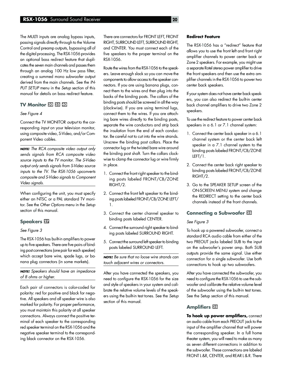 Rotel RSX-1056 owner manual TV Monitor, Speakers, Connecting a Subwoofer, Amplifiers, Redirect Feature 
