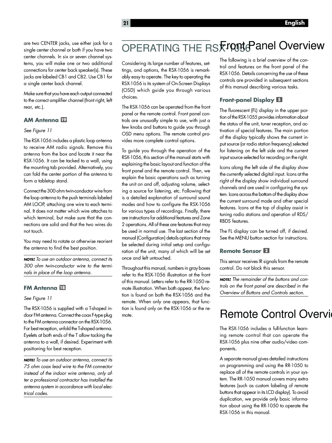 Rotel RSX-1056 owner manual Front Panel Overview, AM Antenna, FM Antenna, Front-panel Display, Remote Sensor 