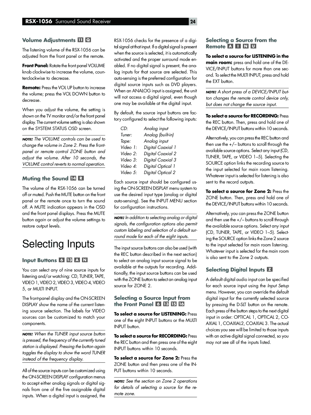 Rotel RSX-1056 owner manual Selecting Inputs 