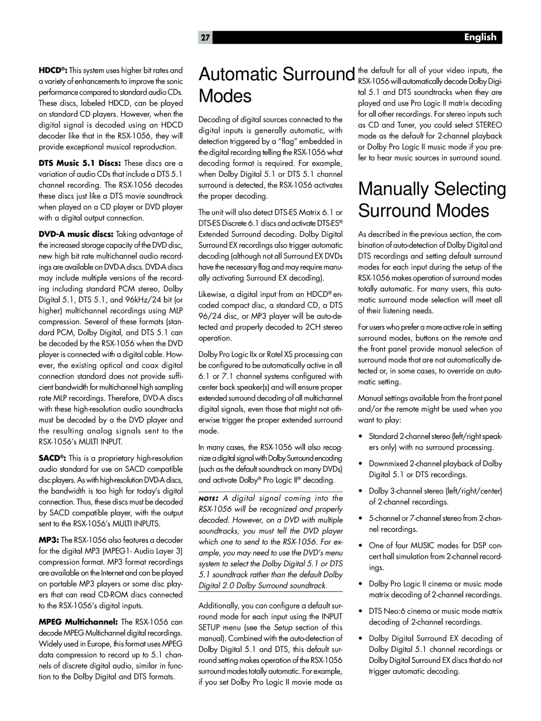 Rotel RSX-1056 owner manual Manually Selecting Surround Modes 